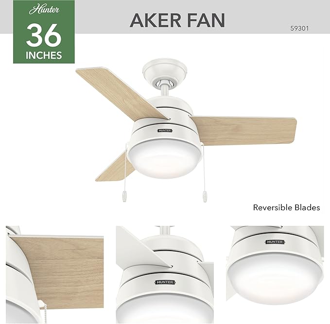Hunter 36 inch Small Indoor Ceiling Fan with LED Light and Pull Chain - Modern Ceiling Fan, Standard Mount, 3 Blades, For Bedroom, Home Office, or Laundry Room, Quiet - Aker 59301, Fresh White