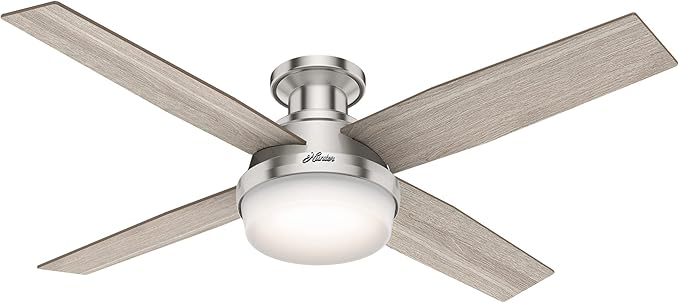 Hunter 52 inch Indoor Ceiling Fan with LED Light and Remote Control- Modern Ceiling Fan, Low Profile Mount, 4 Light Gray Oak Blades, For Bedroom, Living Room, or Kitchen- Dempsey 50283, Brushed Nickel