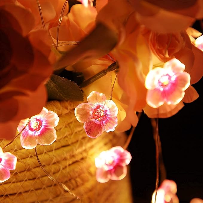 Mudder 13 FT 40 LEDs Cherry Blossom Flower String Lights for Bedroom, Pink Fairy Lights USB and Battery Operated Decorative String Light Indoor Outdoor(2 Pack)