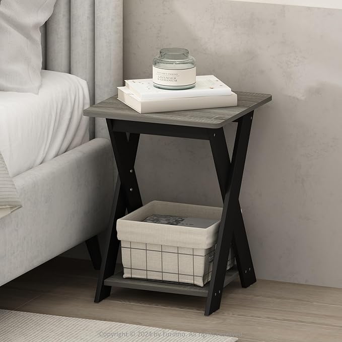 Furinno TIDUR Night Stand, Open Shelf Design X-Legs Nightstand, Criss-Crossed Bedside Table, End Table, Side Table, for Bedroom, Living Room, French Oak