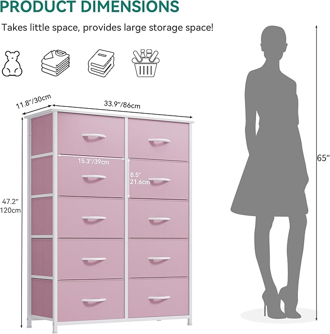 YITAHOME 10 Drawer Dresser - Fabric Storage Tower, Organizer Unit for Bedroom, Living Room, Hallway, Closets - Sturdy Steel Frame, Wooden Top & Easy Pull Fabric Bins, Pink