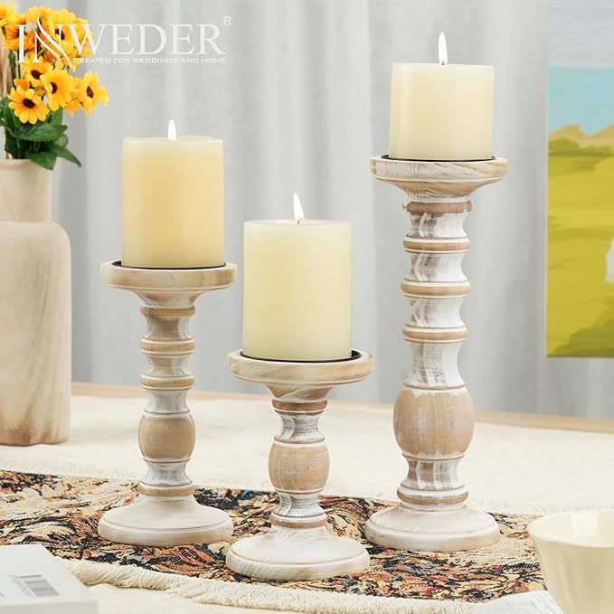 Wood Pillar Candle Holder: 3Pcs Rustic Candle Holders for Pillar Candles Wood Candle Holders Distressed Wooden Farmhouse Large Candle Holder Fireplace Table (Rustic White, 5.9", 7.87", 11")