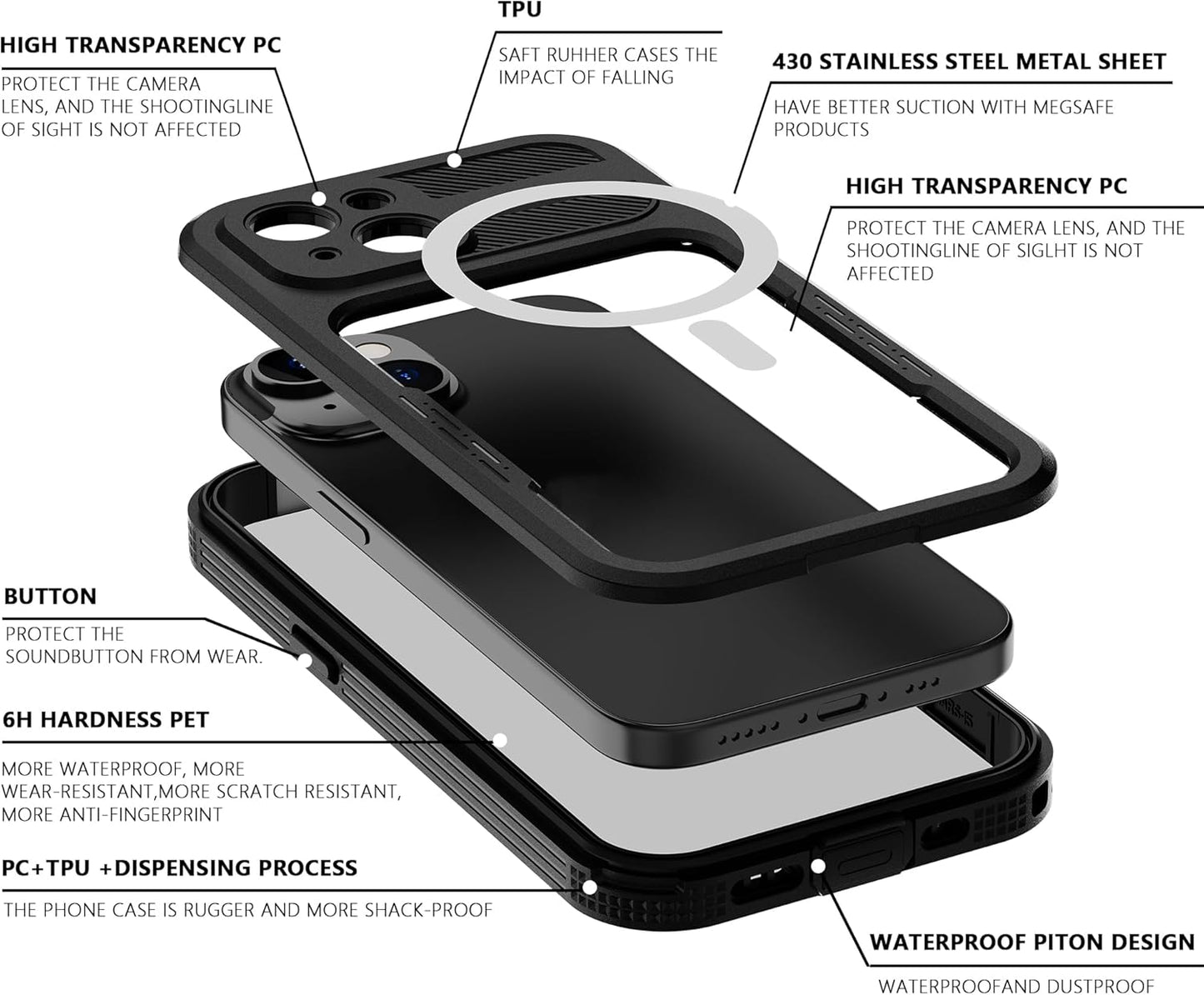 iPhone 15 Plus 5G Waterproof Case, Black, Hybrid Rugged, Shockproof, Magsafe Compatible, Full Body Protection, Lanyard,