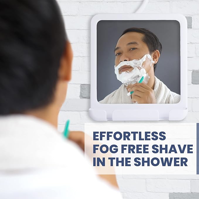 MIRRORVANA Dual Anti Fog Shower Mirror for Shaving, Shatterproof Fogless Design with Hook for Hanging - Fill Back Chamber/Reservoir with Hot Water for Fog-Free Shave - 8" x 7" (White)