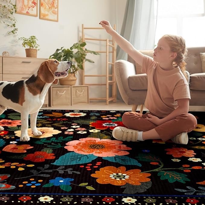 Floral 8ft Area Rug Machine Washable Soft Print Boho Carpet Non Slip Doormat Low Pile Flower Area Rugs for Living Room Bedroom Nursery Kitchen Dining Room Indoor-Black