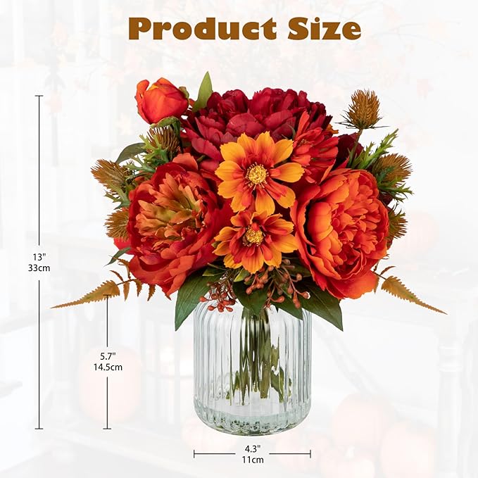 Peony Fake Fall Flowers in Vase Fall Table Centerpiece Faux Floral Arrangements Centerpiece Autumn Artificial Flowers with Vase Fall Flower Centerpieces for Tables Orange Silk Flowers in Vase