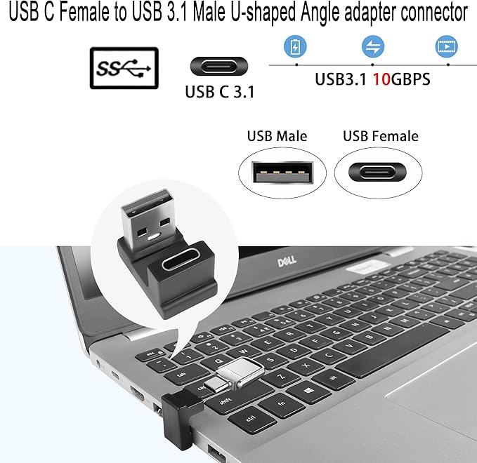 QIANRENON USB 3.1 to USB C U-Shape Angle Adapter 10Gbps USB A Male to USB C Female 180° Angle Connector, for 3A Charging OTG Data Transfer, for Laptop Tablet,2Pcs (Female up)