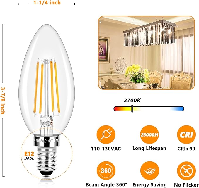 Dimmable E12 LED Candelabra Bulbs 40 Watt Equivalent, 4W Vintage Candle Light Bulbs, 470Lm Warm White 2700K B11 Edison Bulb, Filament Clear Glass Lamp Bulb for Chandelier Ceiling Fan (20 Packs)