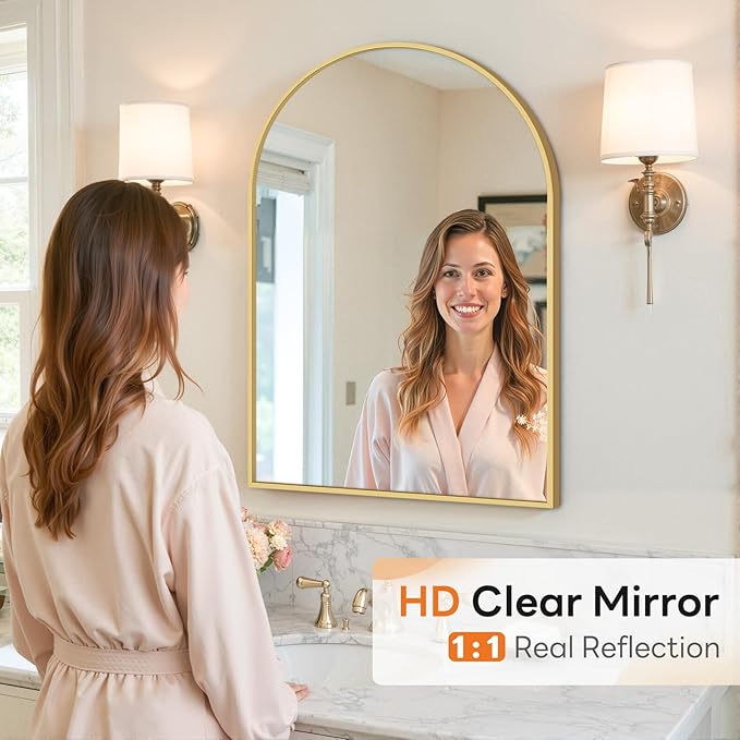 Sweetcrispy Arched Bathroom Mirror 30x20.5 Inch Gold Metal Framed Arch Vanity Mirror for Wall, Over Sink, Farmhouse, Restroom, Anti-Rust, Modern Decorative, Hanging or Leaning