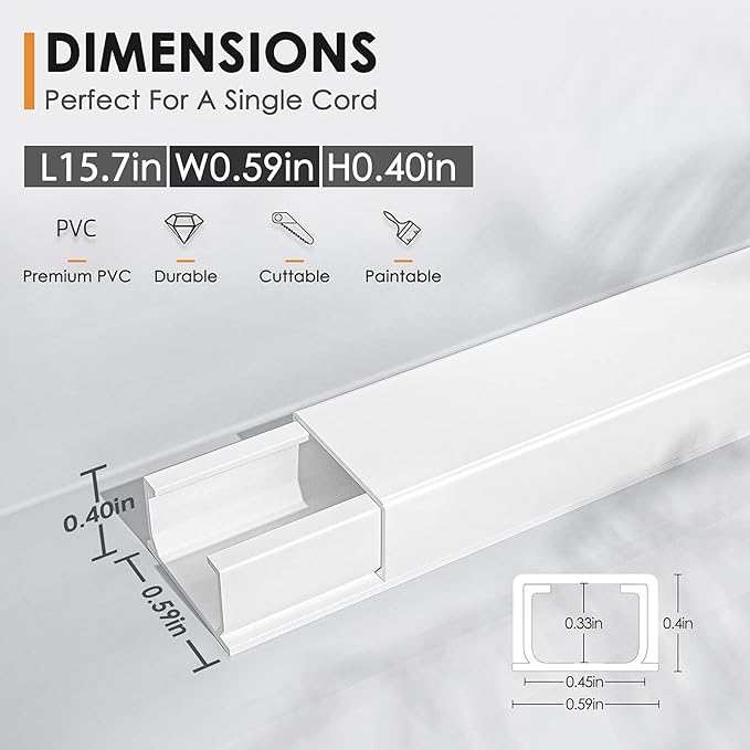 Delamu 236in Cord Hider, One-Wire Cord Covers for Wires on Wall, Easy-to-Install Cable Hiders for Mounted Tv, Cable Management Kit, Cable Raceways, W0.59 H0.4in, White