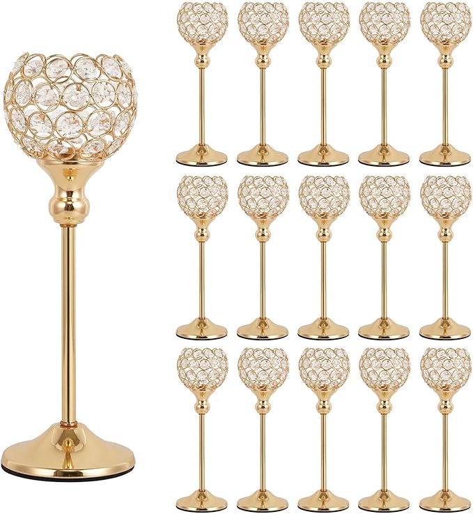 VINCIGANT Gold Crystal Candle Holders Set of 16 for Wedding Centerpieces,Votive Crystal Candle Holders for Home Fireplace Coffee Table Mantle Decor candelabros de mesa