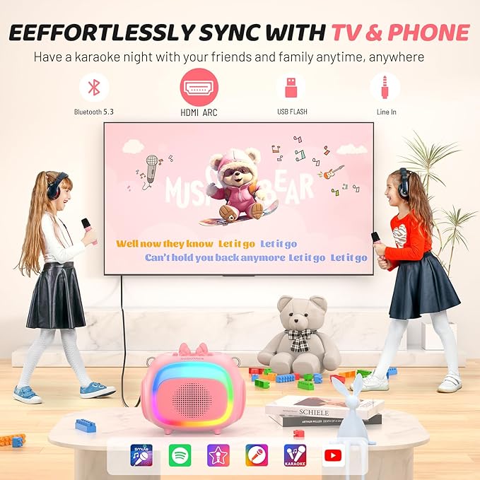 SUDOTACK Mini Karaoke Machine for Kids, Portable Bluetooth Karaoke Speaker with 2 Wilreless Microphones with LED Lights, Christmas Kids Toys Gifts for Girls 4, 5, 6, 7, 8, 9, 10 +Year Old-Pink(KM100)