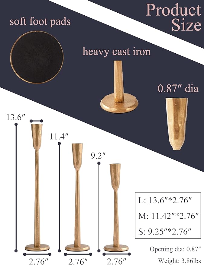 Gold Iron Taper Candle Holder Set of 3, Heavy Wrought Iron Candlestick Holders Decorative Candle Stand, Vintage Candle Holder for Wedding, Dining, Home Decoration