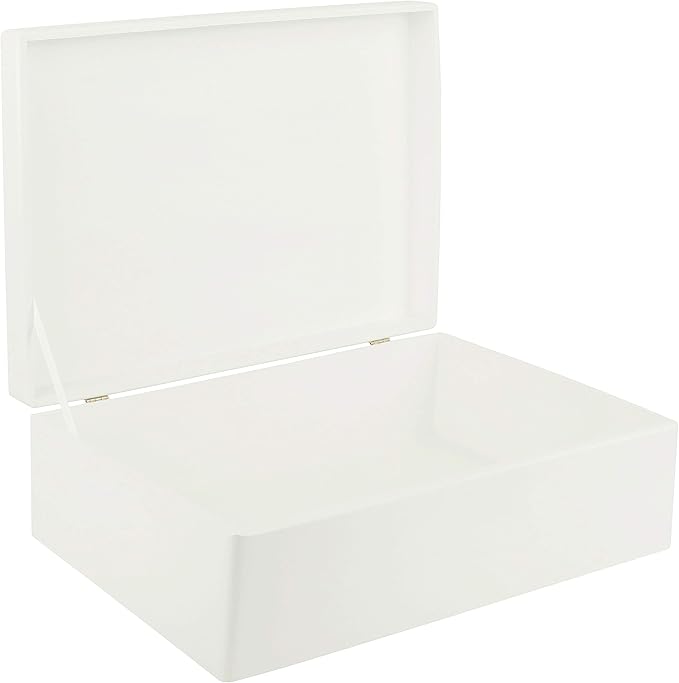 XL White Wooden Box Storage with Hinged Lid | 15.8x11.8x5.5in (+-0.5) | Gift Box for Tool Dog Toy Shoes Clothes Kitchen Storage | Wood Keepsake Chest