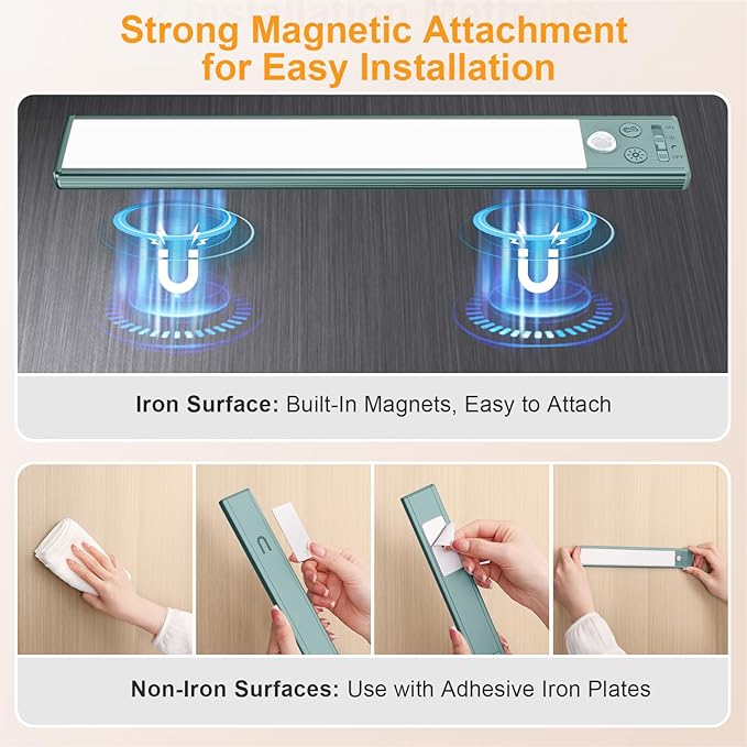Gritin 10.2inch Under Cabinet Lighting Rechargeable -84 LED Super Bright,3-Color& 5 Level Brightness,4 Modes,Motion Sensor, Long Lasting- Easy Installation Magnetic Closet Lights -2 Pack-Green