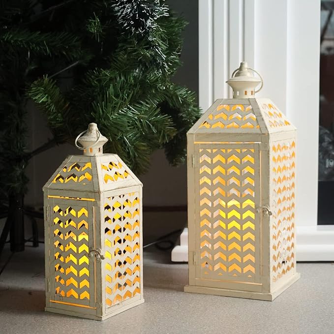 DECORKEY LED Lantern Decorative Indoor & Outdoor, Set of 2 (18' & 13') Metal Candle Lanterns, Vintage Hanging Candle Holder for Front Porch, Patio, Wedding, Farmhouse Home, Christmas Decoration