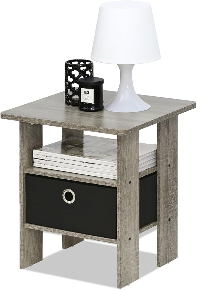 Furinno ANDREY Side Table, End Table, Night Stand with Open Shelves and Storage Bin, Bedside Table, for Living Room, Bedroom, French Oak