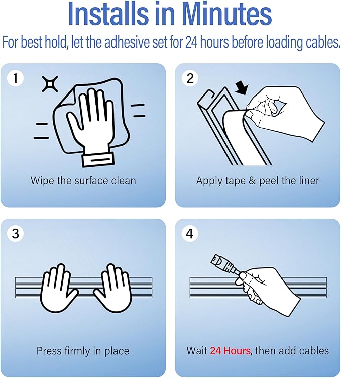6 Pack Cable Management Under Desk, Open J Channel Raceway, Cord Organizer Tray for Desk, No-Drill Cable Hider for Desk & Wall, Wire Management Kit, Flame-Retardant PVC, 94.5" Total, White