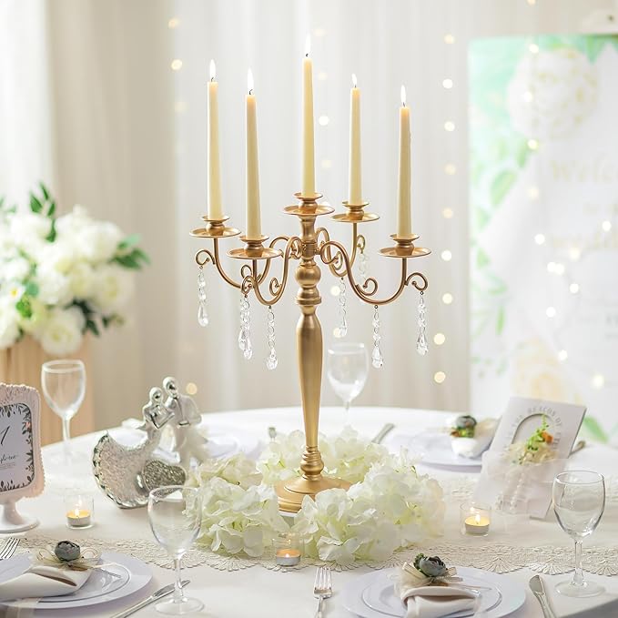 Sziqiq Gold Candelabra Candle Holder: 5 Arm Candelabras Centerpiece Table Decorations for Wedding - Vintage Metal Candlestick Candleholders for Dining Table Fireplace