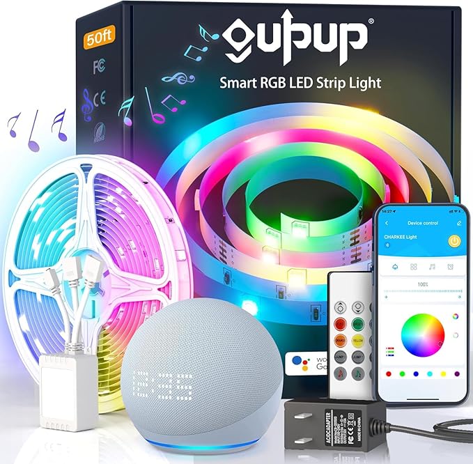 GUPUP WiFi Led Lights 50 ft, Smart App Controlled Led Strip Lights, Compatible with Alexa and Google Assistant Devices, Voice Control,Music Sync,Color Changing Tape Lighting