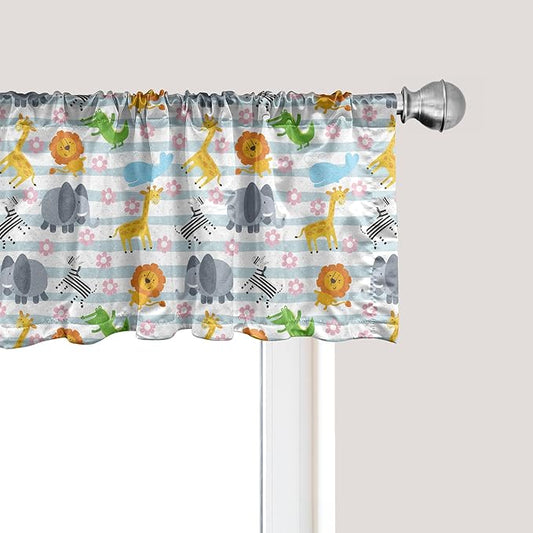 Ambesonne Savannah Window Valance Pack of 2, Friendly Zoo Animals with Happy Faces Cartoon Characters on Stripes Print, Rod Pocket Curtain Valances for Kitchen Bedroom, 54" X 18", Pale Azure Blue