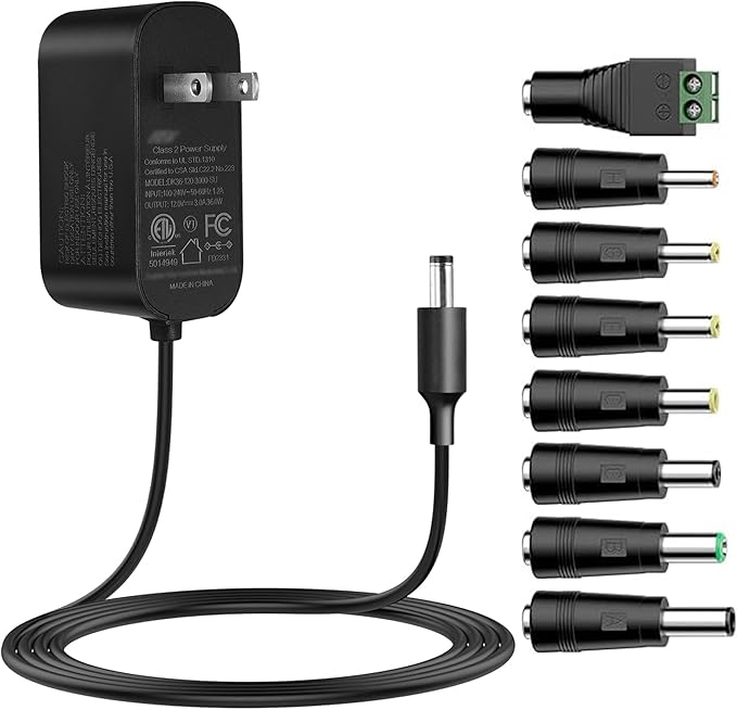 Tonton 12V 3A DC Power Supply 6Ft, 36W AC/DC Charger with 8Tips, AC 100-240V to DC 12Volt 3A 2.8A 2.5A 2.4A 2A 1.5A Connector Adapter for LED Strip, Security Camera, Webcam, Router,UL/CE/FCC Certified