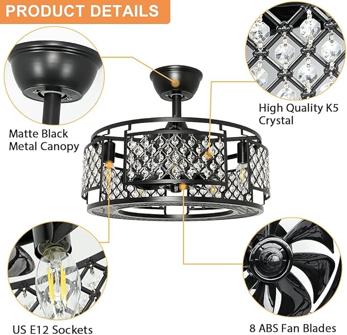 DLLT Caged Ceiling Fans with Lights: 18" Bladeless Industiral Fandelier with Light for Bedroon Living Dining Room - Black Crystal Ceiling Fan with Remote - Modern Chandelier with Fan Kitchern