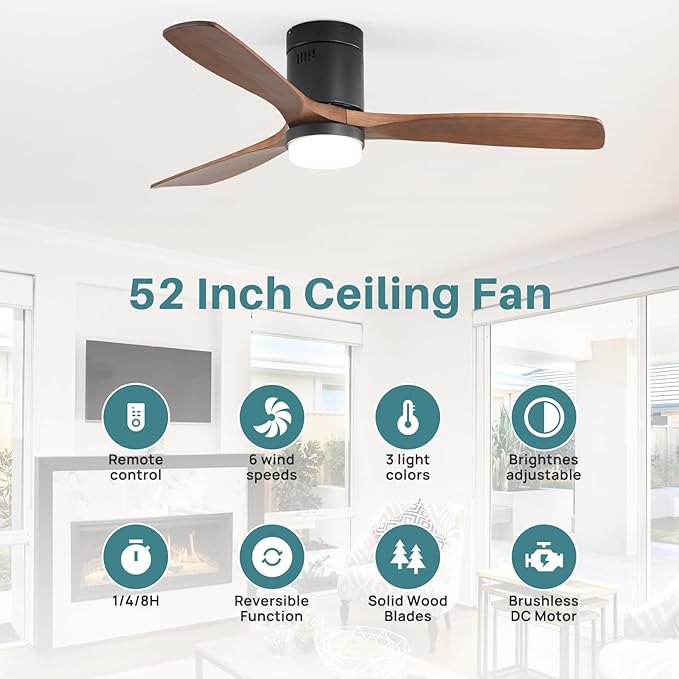 Sofucor Ceiling Fan with Lights 52 Inch Flush Mount Ceiling Fan with Remote Control, Wood Blades Modern Outdoor Ceiling Fans for Bedroom/Farmhouse/Patio/Indoor, Quiet DC Motor