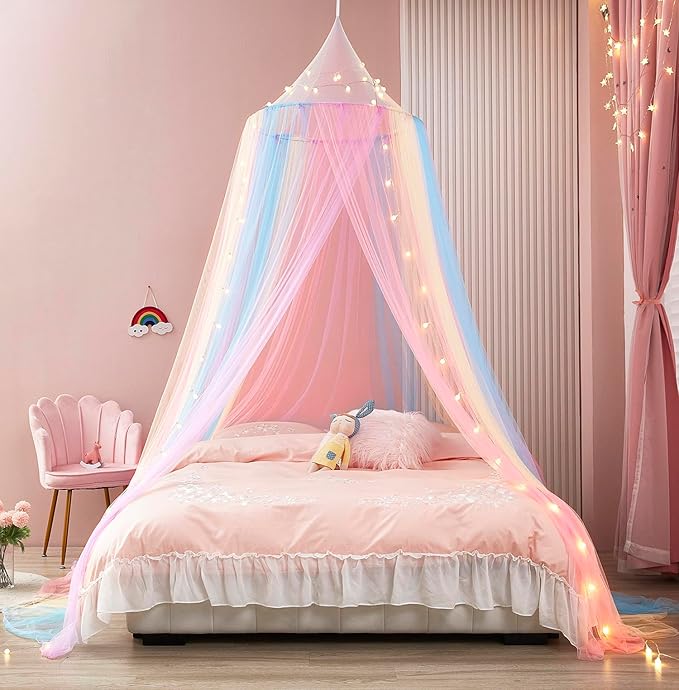Rainbow Bed Canopy with Lights - Mosquito Netting for Twin, Single, Full, Queen & King Size Beds - Decor for Girls' Rooms