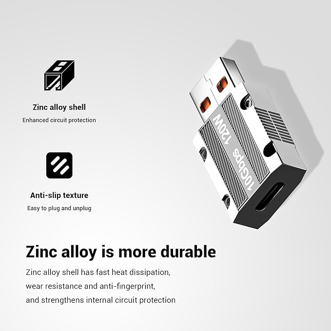 USB C to USB 3.1 Adapter, Zinc Alloy USB A to Type C Adapter with 10Gbps High-Speed Data Transfer PD 120W Stable Charging for Laptop, Phone, PC (2 Pack)