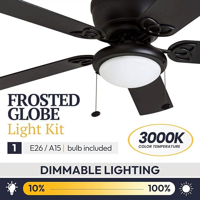Prominence Home Benton Traditional 52 Inch Ceiling Fan with Light, LED Flush Mount Ceiling Fan, Indoor Fan with 5 Blades, Matte Black and Gray Cedar Blade Finish Options, Matte Black (50853-01)