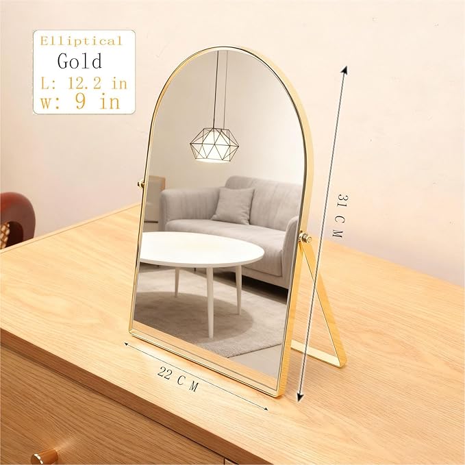 Golden Metal Mirror Vanity Table Desk Arch Makeup Bathroom Mirror Rotation Framed Standing Mirrors 90°Adjustable Room Decor for Living Room,Bedroom,Tabletop