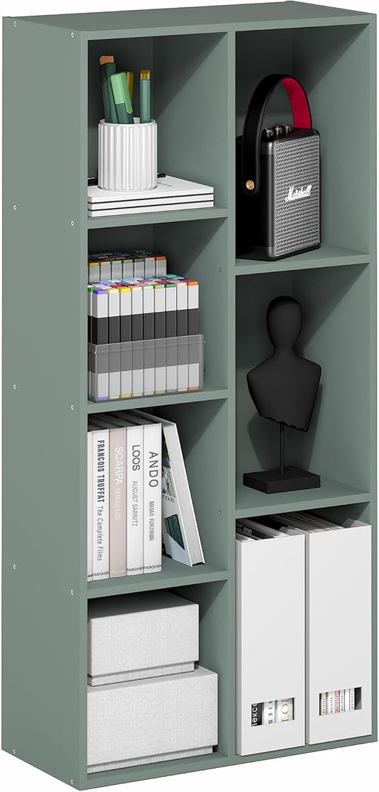 Furinno LUDER Book Shelf, 7-Cube Bookshelf, Bookcase, 9.4" x 19.5" x 41.7", for Living Room, Bedroom, Home Office, Sage Green