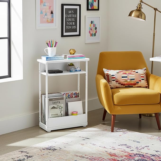 Narrow Side Table,3-Tier Slim End Table with Storage Shelf,Modern Sofa Table Thin Side Table for Narrow and Small Spaces, Skinny Bedside Table Small Nightstand with Magazine Rack Space Saving/White