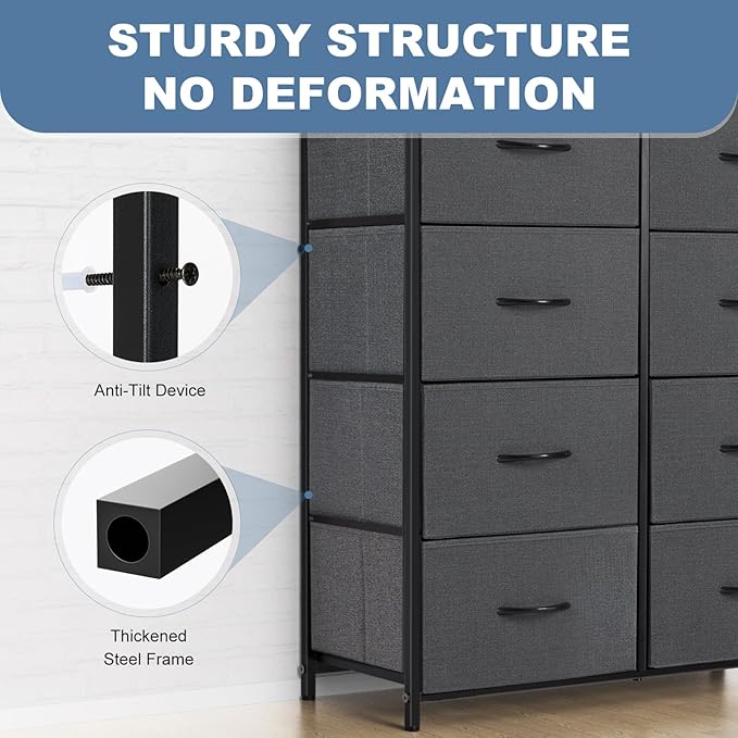 DUMOS 8 Drawer Dresser for Bedroom, Fabric Storage Organizer with Sturdy Metal Frame, Wooden Top Chest of Drawers for Closet Nursery Entryway Guest Room, Grey