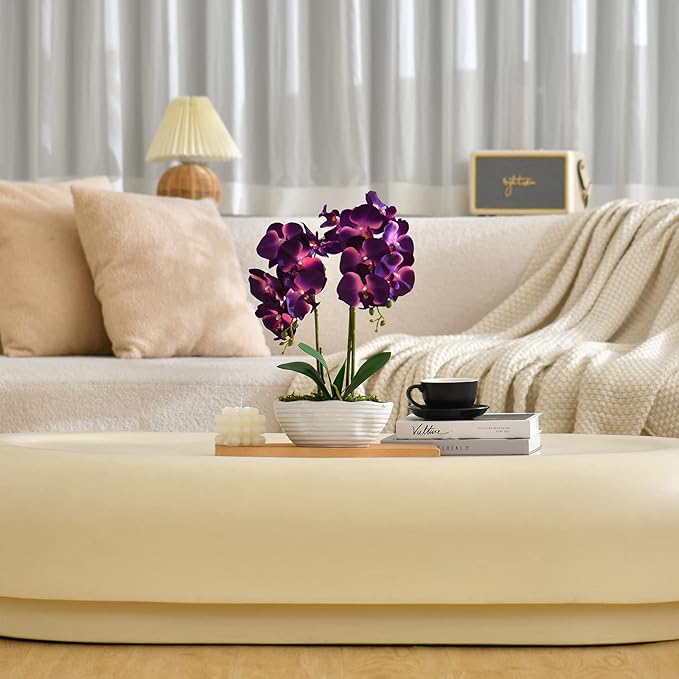 Large Artificial Potted Orchid Plant, Silk Flower Arrangement with Ceramics Vase, Dark Purple