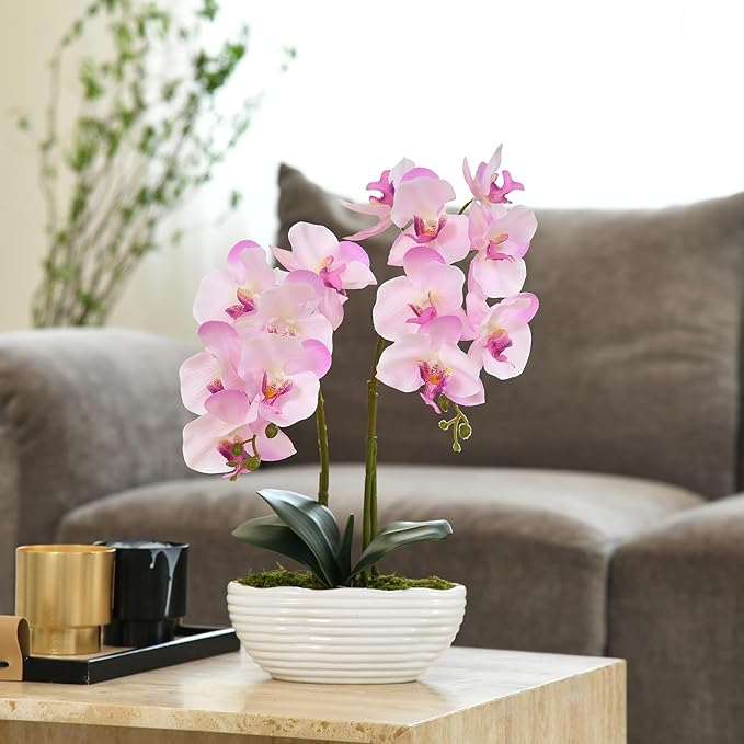 Large Artificial Potted Orchid Plant, Silk Flower Arrangement with Ceramics Vase, Pink Shades