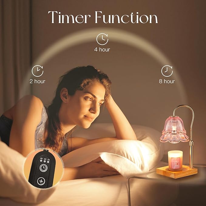 Candle Warmer Lamp with Timer: Pink Flower Candle Warming Lamp with 2 Bulbs Height Adjustable Wax Warmer Dimmable Bedroom Decor Birthday Gift for Women