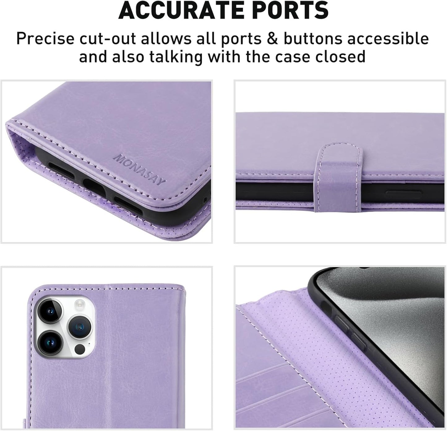 MONASAY Wallet Case for iPhone 15 Pro Max 5G, 6.7-inch, Flip Folio Leather Cover with Credit Card Holder, Lavenders