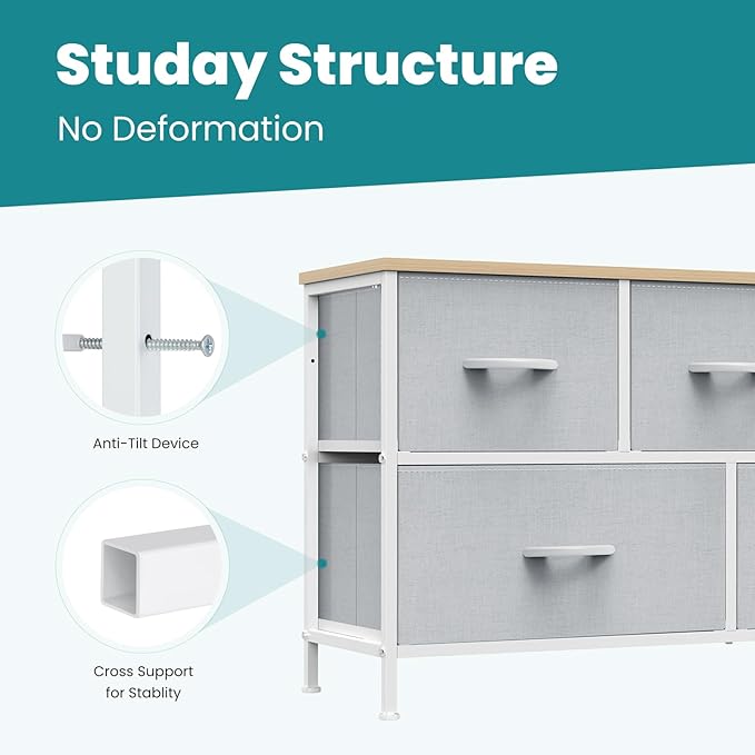 OLIXIS Dresser for Bedroom with 5 Drawers, Wide Chest of Drawers, Fabric Bedroom Dresser with Drawer Organizer, Storage Organizer Unit with Fabric Bins for Closet, Living Room, Hallway, Classic Black