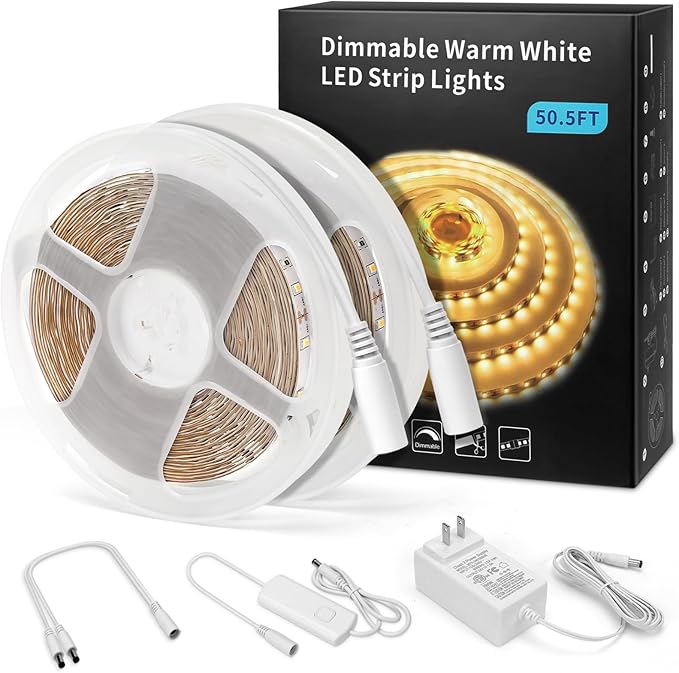MYPLUS Under Cabinet Lighting Kit, 50Ft Dimmable Led Strip Lights with 900 LEDs, 24V, Low Power Safety Adapter, Flexible Tape Light for Kitchen Cabinet,Bedroom,Counter,Shelf (Warm White-3000k)