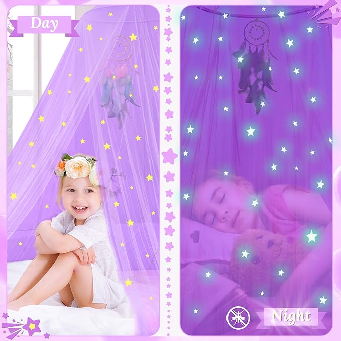 South to East Princess Bed Canopy With Glowing Stars for Girls Room, Purple Curtains From Ceiling for Twin and Full Size Beds, Ideal Gift