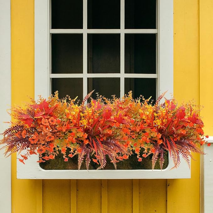 15PCS Artificial Fall Plants for Outdoors, Orange Fake Grass Plants Flowers for Autumn Decorations, UV Resistant Faux Foliage Greenery Bushes for Window Porch Garden Yard Décor