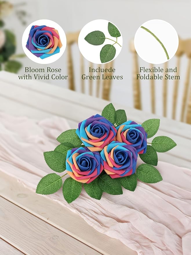 MACTING Artificial Rose Flowers 60PCS Real Looking Foam Fake Roses Rainbow Fake Flowers with Stem for DIY Wedding Bouquets Baby Shower Centerpieces Party Tables Home Spring Mothers Day Decorations