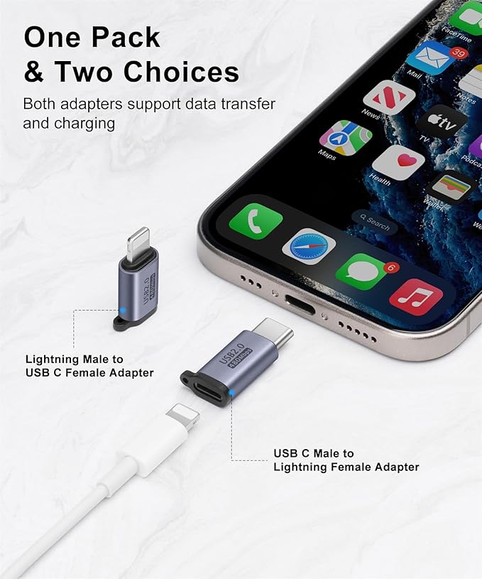 USB-C to Lightning Adapter (2-Pack), Data Transfer and Interface Conversion, Charging - Grey