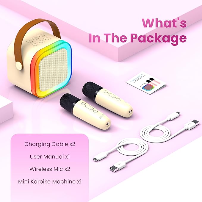 Mini Karaoke Machine for Kids Adults, Kids Toys Karaoke Microphone Singing Speaker, Karaoke Player with 2 Wireless Mic Party, Birthday Gifts for Girls Ages 4, 5, 6, 7, 8, 9, 10, 12+ Years Old(Beige)