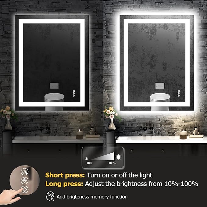 28X36 LED Bathroom Mirror with Lights, Anti-Fog, Dimmable, Backlit + Front Lit, Smart Bathroom Vanity Mirror, Memory Function, Shatterproof, Tempered Glass (Horizontal/Vertical)