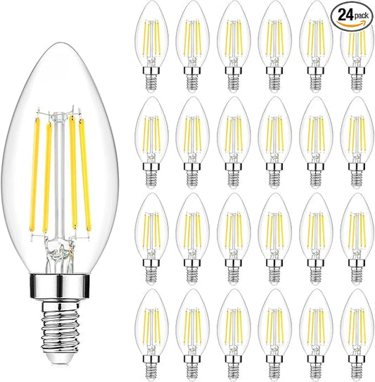 24-Pack Dimmable E12 LED Candelabra Bulbs 40Watt Equivalent, 5000K Daylight White, 450Lumens, 4W B11 Vintage Chandelier Light Bulbs, LED Filament Clear Glass Candle Lamp for Ceiling Fan Home Decor