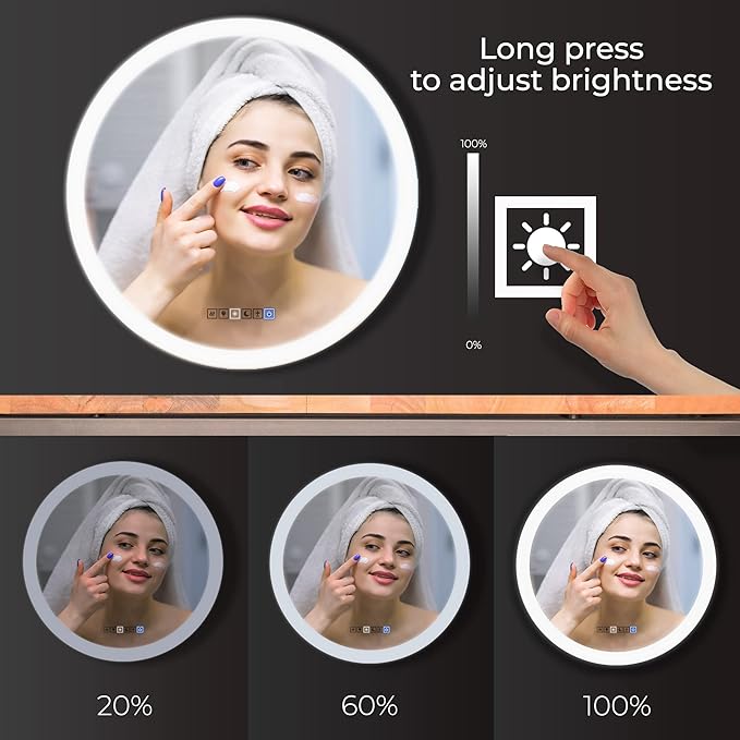 LED Round Vanity Mirror, Wall Mounted Lighted Vanity Makeup Mirror with Anti Fog Dimmable Touch Button Adjustable Color Temperature Memory Function 39 Inch by Fab Glass and Mirror