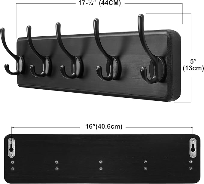 SKOLOO Rustic Wall Mounted Coat Rack, Case of 2, Pine Solid Wood Coat Hook Hanger - 5 Hooks for Hanging Clothes Robes Towels Coats